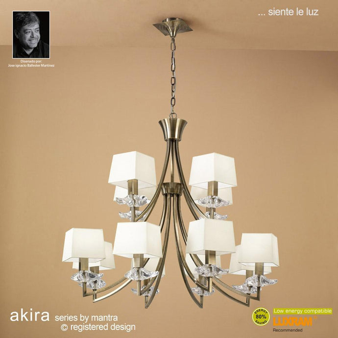 Mantra M0792AB Akira Pendant 2 Tier 12 Light E14, Antique Brass With Cream Shades