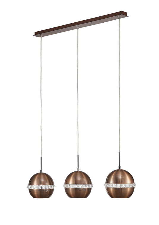 Diyas IL31611 Andrea Pendant 3 Light E27 Linear Satin Copper/Crystal - 38427