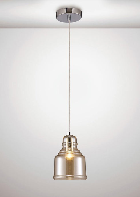 Deco D0101 Ariel Single Bell Pendant 1 Light E27 Polished Chrome/Cognac Glass