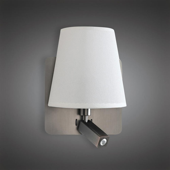 Mantra M5232 Bahia Wall Lamp With Large Back Plate 1 Light E27 + Reading Light 3W LED With White Shade Satin Nickel 4000K, 200lm,, 3yrs Warranty