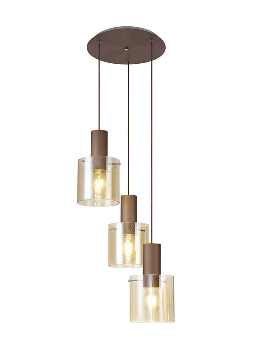 C-Lighting Bridge Round Pendant, 3 Light Adjustable E27, Mocha/Amber Glass - 30527