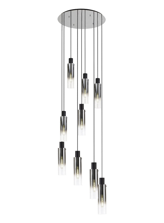 C-Lighting Bridge Slim Round Pendant, 9 Light Adjustable E27, Black/Smoke Fade Glass - 30524