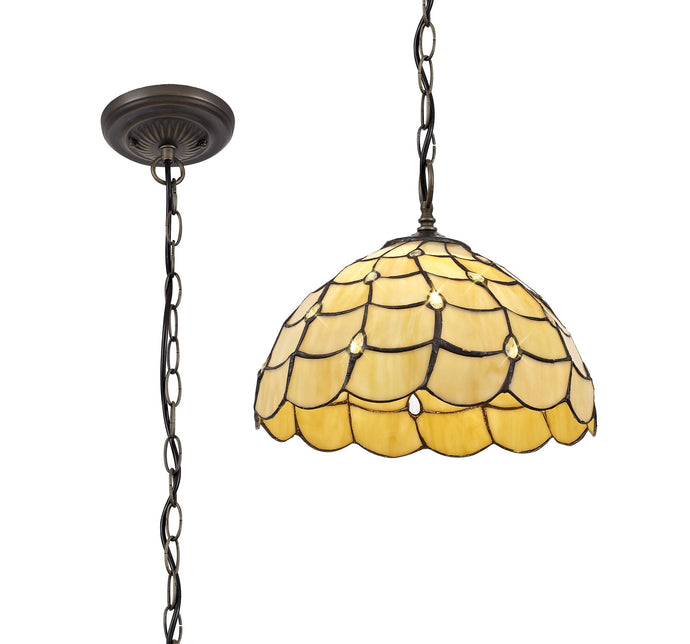 C-Lighting Brook 1 Light Downlighter Pendant E27 With 30cm Tiffany Shade, Beige/Clear Crystal/Aged Antique Brass - 29441