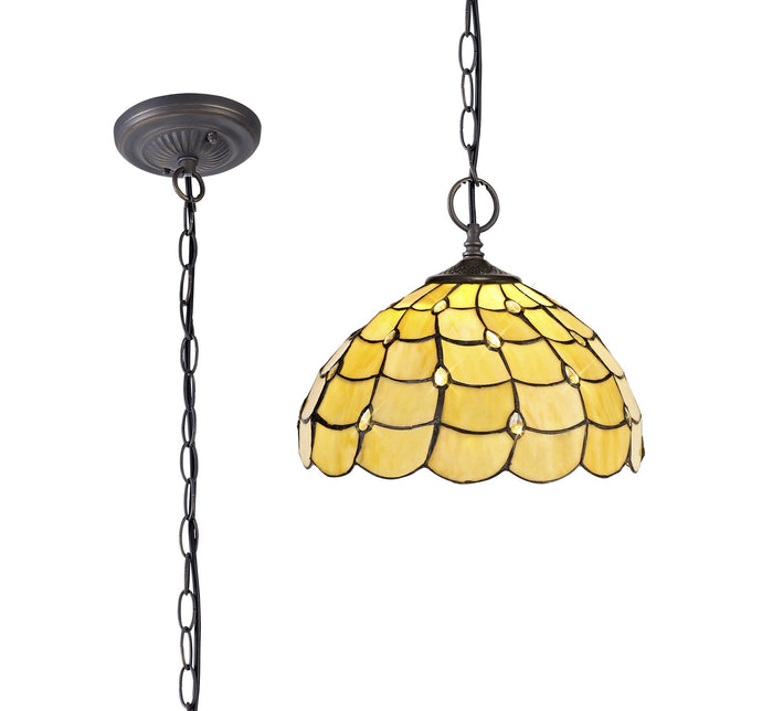 C-Lighting Brook 2 Light Downlighter Pendant E27 With 30cm Tiffany Shade, Beige/Clear Crystal/Aged Antique Brass - 29442