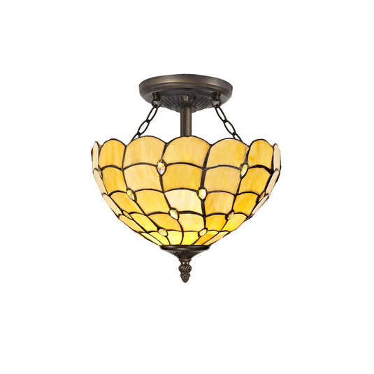 C-Lighting Brook 2 Light Semi Ceiling E27 With 30cm Tiffany Shade, Beige/Clear Crystal/Aged Antique Brass - 29444