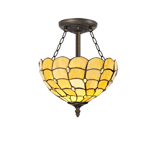 C-Lighting Brook 3 Light Semi Ceiling E27 With 30cm Tiffany Shade, Beige/Clear Crystal/Aged Antique Brass - 29445