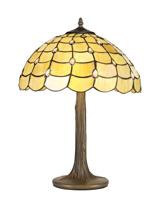 C-Lighting Brook 2 Light Tree Like Table Lamp E27 With 40cm Tiffany Shade, Beige/Clear Crystal/Aged Antique Brass - 29448