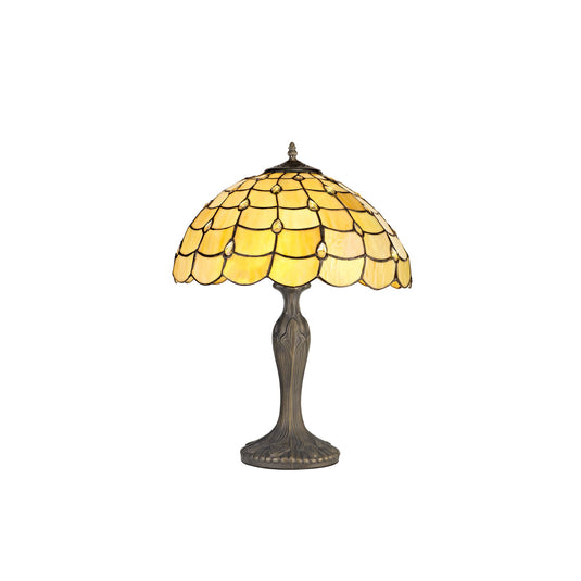 C-Lighting Brook 2 Light Curved Table Lamp E27 With 40cm Tiffany Shade, Beige/Clear Crystal/Aged Antique Brass - 29449