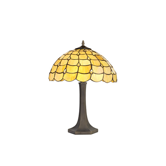 C-Lighting Brook 2 Light Octagonal Table Lamp E27 With 40cm Tiffany Shade, Beige/Clear Crystal/Aged Antique Brass - 29450