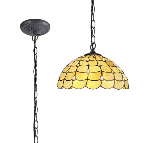 C-Lighting Brook 1 Light Downlighter Pendant E27 With 40cm Tiffany Shade, Beige/Clear Crystal/Aged Antique Brass - 29451