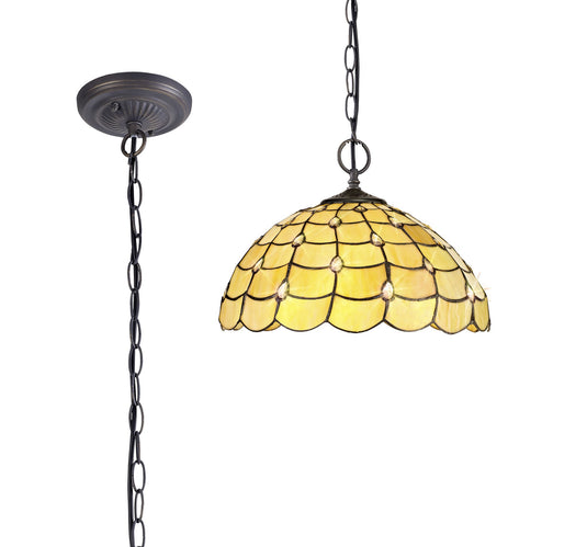 C-Lighting Brook 2 Light Downlighter Pendant E27 With 40cm Tiffany Shade, Beige/Clear Crystal/Aged Antique Brass - 29452