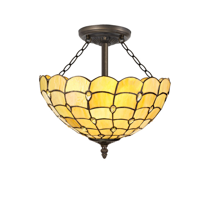 C-Lighting Brook 3 Light Semi Ceiling E27 With 40cm Tiffany Shade, Beige/Clear Crystal/Aged Antique Brass - 29454