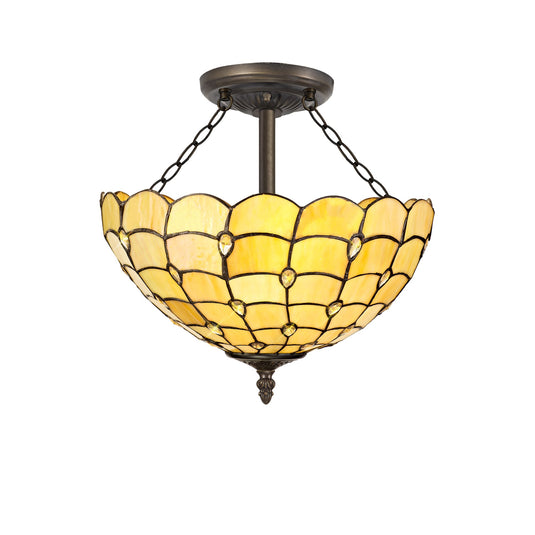 C-Lighting Brook 3 Light Semi Ceiling E27 With 40cm Tiffany Shade, Beige/Clear Crystal/Aged Antique Brass - 29454