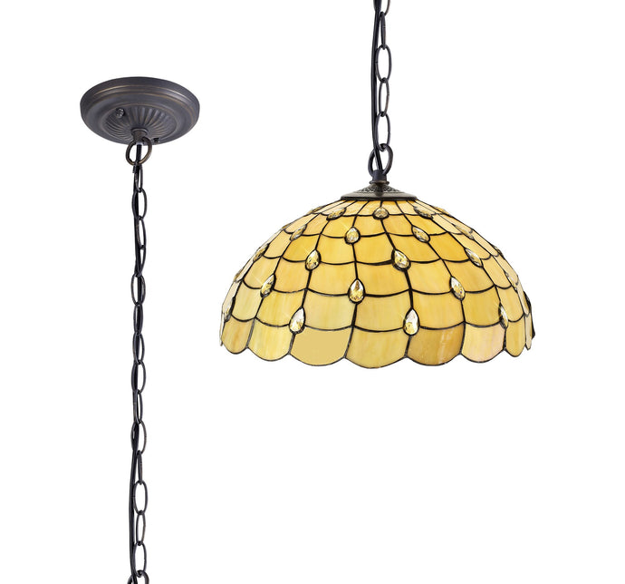 C-Lighting Brook 1 Light Downlighter Pendant E27 With 50cm Tiffany Shade, Beige/Clear Crystal/Aged Antique Brass - 29459