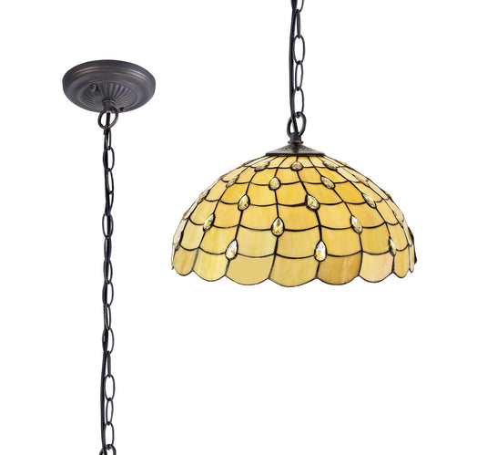 C-Lighting Brook 1 Light Downlighter Pendant E27 With 50cm Tiffany Shade, Beige/Clear Crystal/Aged Antique Brass - 29459