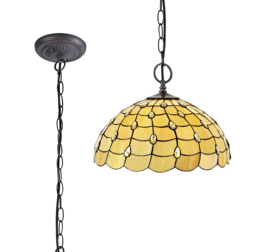 C-Lighting Brook 2 Light Downlighter Pendant E27 With 50cm Tiffany Shade, Beige/Clear Crystal/Aged Antique Brass - 29460