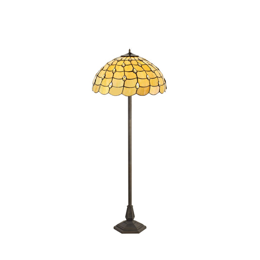 C-Lighting Brook 2 Light Octagonal Floor Lamp E27 With 50cm Tiffany Shade, Beige/Clear Crystal/Aged Antique Brass - 29463