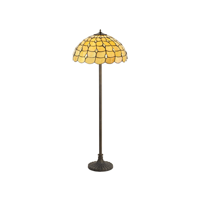 C-Lighting Brook 2 Light Stepped Design Floor Lamp E27 With 50cm Tiffany Shade, Beige/Clear Crystal/Aged Antique Brass - 29465