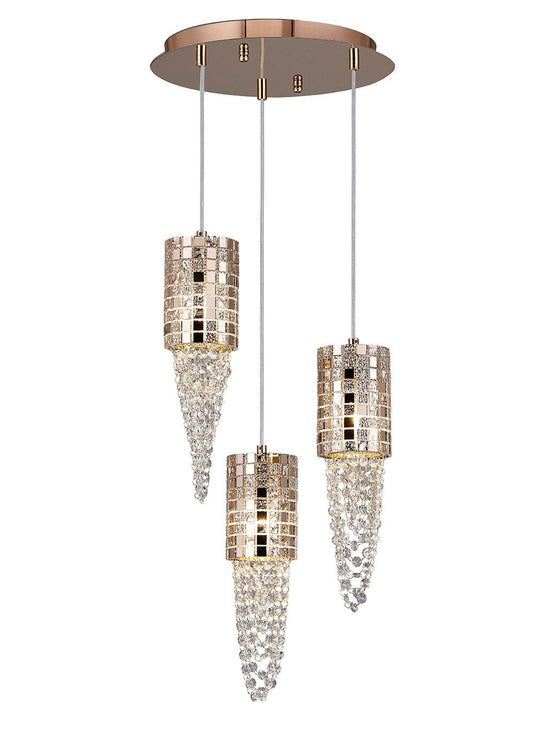 Diyas IL31626 Camden Pendant 3 Light G9 Round Rose Gold/Mosaic Glass/Crystal - 38437