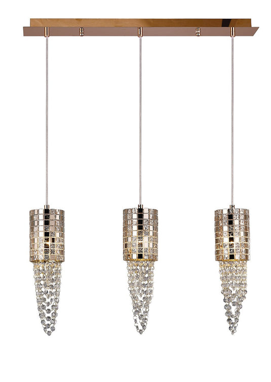 Diyas IL31627 Camden Linear Pendant 3 Light G9 Line Rose Gold, Mosaic Glass, Crystal - 38438