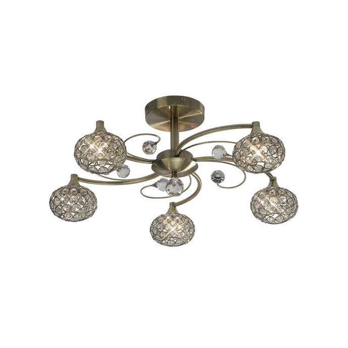 Diyas IL30945 Cara Semi Ceiling 5 Light Antique Brass/Crystal - 20610
