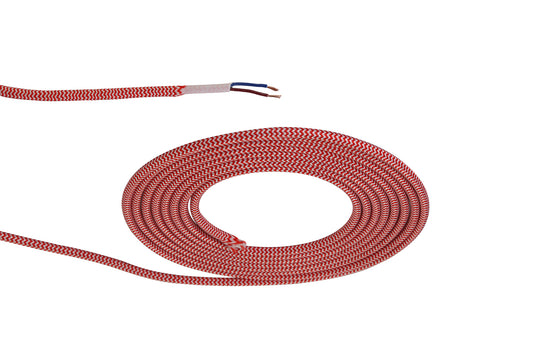 Deco D0532 Cavo 1m Red & White Wave Stripes Braided 2 Core 0.75mm Cable VDE Approved