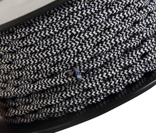 Deco D0541 Cavo 1m Black & White Wave Stripe Braided Twisted 2 Core 0.75mm Cable VDE Approved