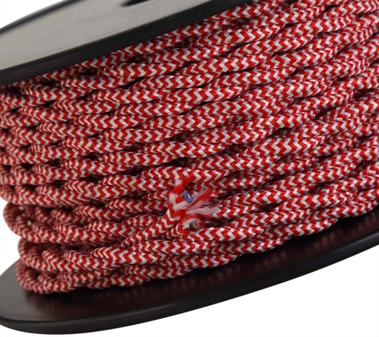 Deco D0543 Cavo 1m Red & White Wave Stripe Braided Twisted 2 Core 0.75mm Cable VDE Approved
