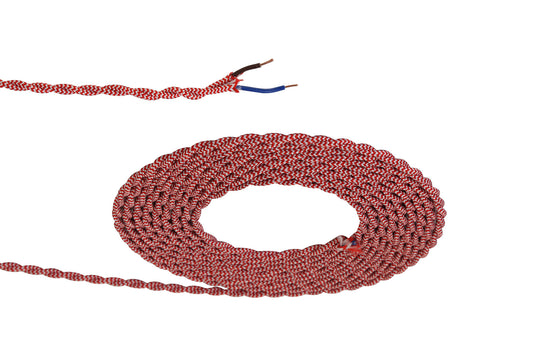 Deco D0543 Cavo 1m Red & White Wave Stripe Braided Twisted 2 Core 0.75mm Cable VDE Approved