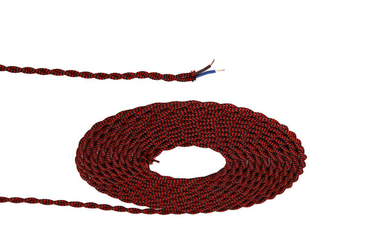 Deco D0544 Cavo 1m Red & BlackWave Stripe Braided Twisted 2 Core 0.75mm Cable VDE Approved