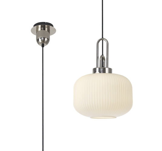 C-Lighting Chisel 1 Light Pendant E27 With 30cm Round Ribbed Glass, Opal Polished Nickel/Matt Black - 33392