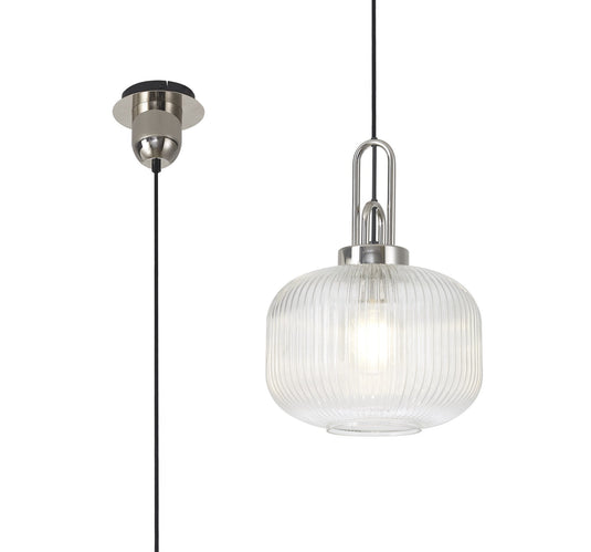 C-Lighting Chisel 1 Light Pendant E27 With 30cm Round Ribbed Glass, Clear Polished Nickel/Matt Black - 33393
