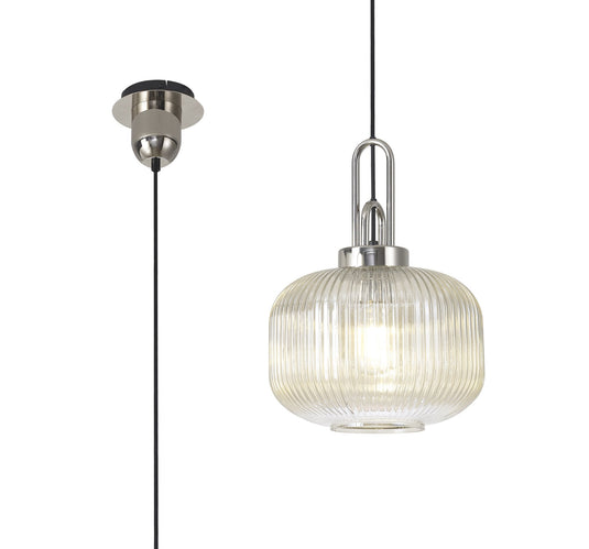 C-Lighting Chisel 1 Light Pendant E27 With 30cm Round Ribbed Glass, Champagne Polished Nickel/Matt Black - 33394