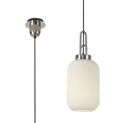 C-Lighting Chisel 1 Light Pendant E27 With 20cm Tubular Ribbed Glass, Opal Polished Nickel/Matt Black - 33395