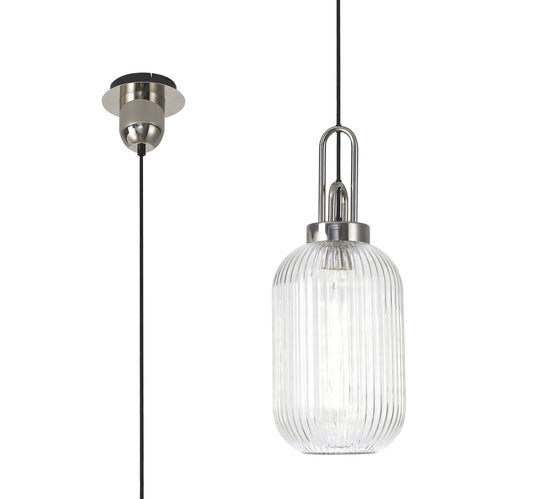 C-Lighting Chisel 1 Light Pendant E27 With 20cm Tubular Ribbed Glass, Clear Polished Nickel/Matt Black - 33396