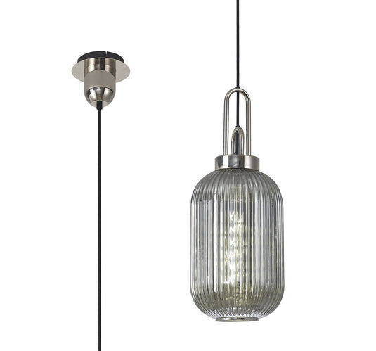 C-Lighting Chisel 1 Light Pendant E27 With 20cm Tubular Ribbed Glass, Smoked Polished Nickel/Matt Black - 33397