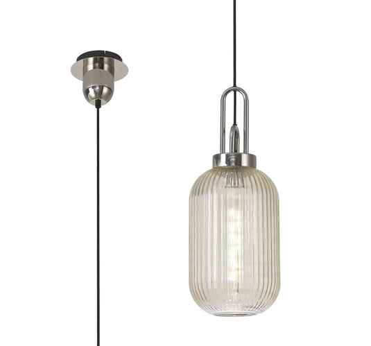 C-Lighting Chisel 1 Light Pendant E27 With 20cm Tubular Ribbed Glass, Champagne Polished Nickel/Matt Black - 33398