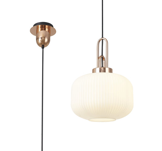 C-Lighting Chisel 1 Light Pendant E27 With 30cm Round Ribbed Glass, Opal Copper/Matt Black - 33399