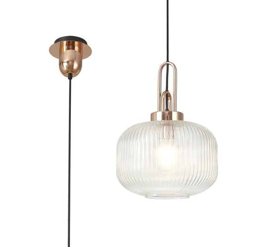 C-Lighting Chisel 1 Light Pendant E27 With 30cm Round Ribbed Glass, Clear Copper/Matt Black - 33400