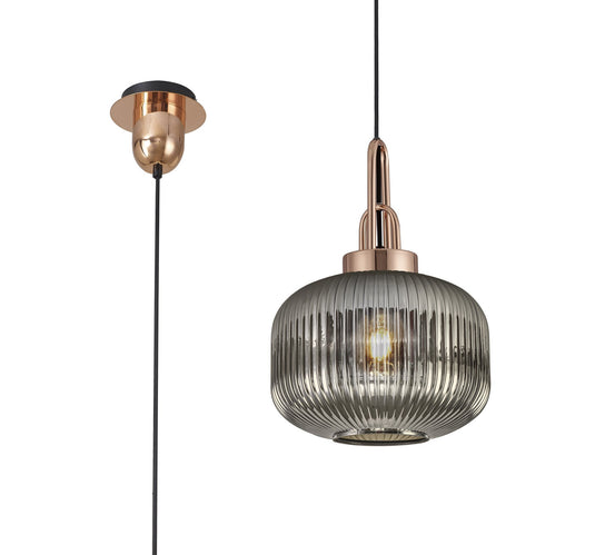 C-Lighting Chisel 1 Light Pendant E27 With 30cm Round Ribbed Glass, Smoked Copper/Matt Black - 33401