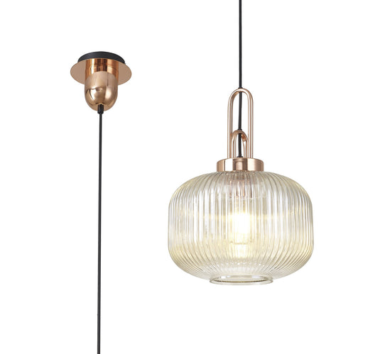 C-Lighting Chisel 1 Light Pendant E27 With 30cm Round Ribbed Glass, Champagne Copper/Matt Black - 33402