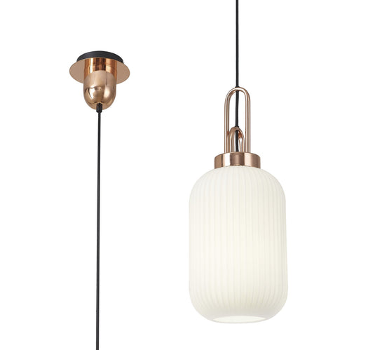 C-Lighting Chisel 1 Light Pendant E27 With 20cm Tubular Ribbed Glass, Opal Copper/Matt Black - 33403