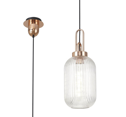 C-Lighting Chisel 1 Light Pendant E27 With 20cm Tubular Ribbed Glass, Clear Copper/Matt Black - 33404