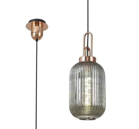 C-Lighting Chisel 1 Light Pendant E27 With 20cm Tubular Ribbed Glass, Smoked Copper/Matt Black - 33405
