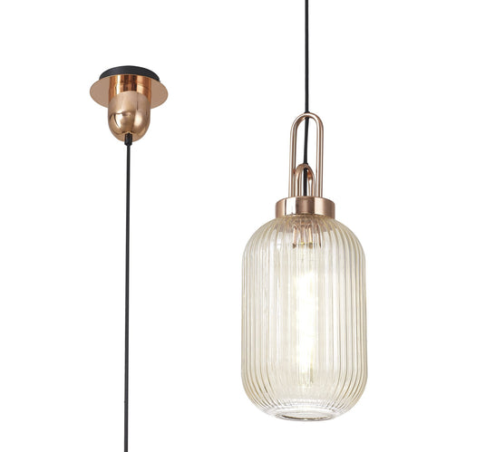 C-Lighting Chisel 1 Light Pendant E27 With 20cm Tubular Ribbed Glass, Champagne Copper/Matt Black - 33406