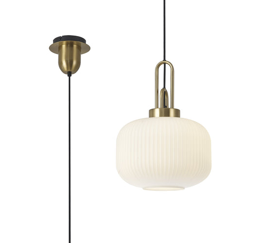 C-Lighting Chisel 1 Light Pendant E27 With 30cm Round Ribbed Glass, Opal Brass Gold/Matt Black - 33407