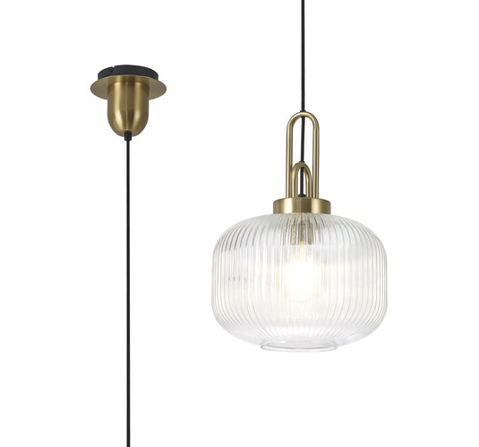 C-Lighting Chisel 1 Light Pendant E27 With 30cm Round Ribbed Glass, Clear Brass Gold/Matt Black - 33408