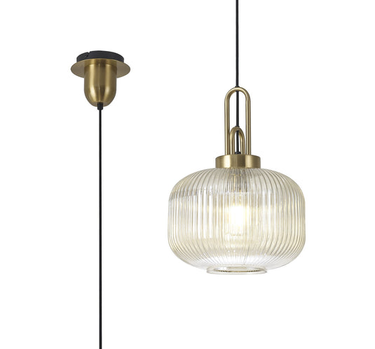 C-Lighting Chisel 1 Light Pendant E27 With 30cm Round Ribbed Glass, Champagne Brass Gold/Matt Black - 33409