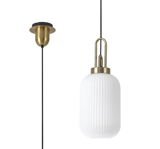 C-Lighting Chisel 1 Light Pendant E27 With 20cm Tubular Ribbed Glass, Opal Brass Gold/Matt Black - 33410