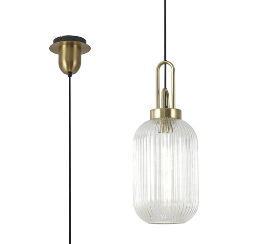 C-Lighting Chisel 1 Light Pendant E27 With 20cm Tubular Ribbed Glass, Clear Brass Gold/Matt Black - 33411